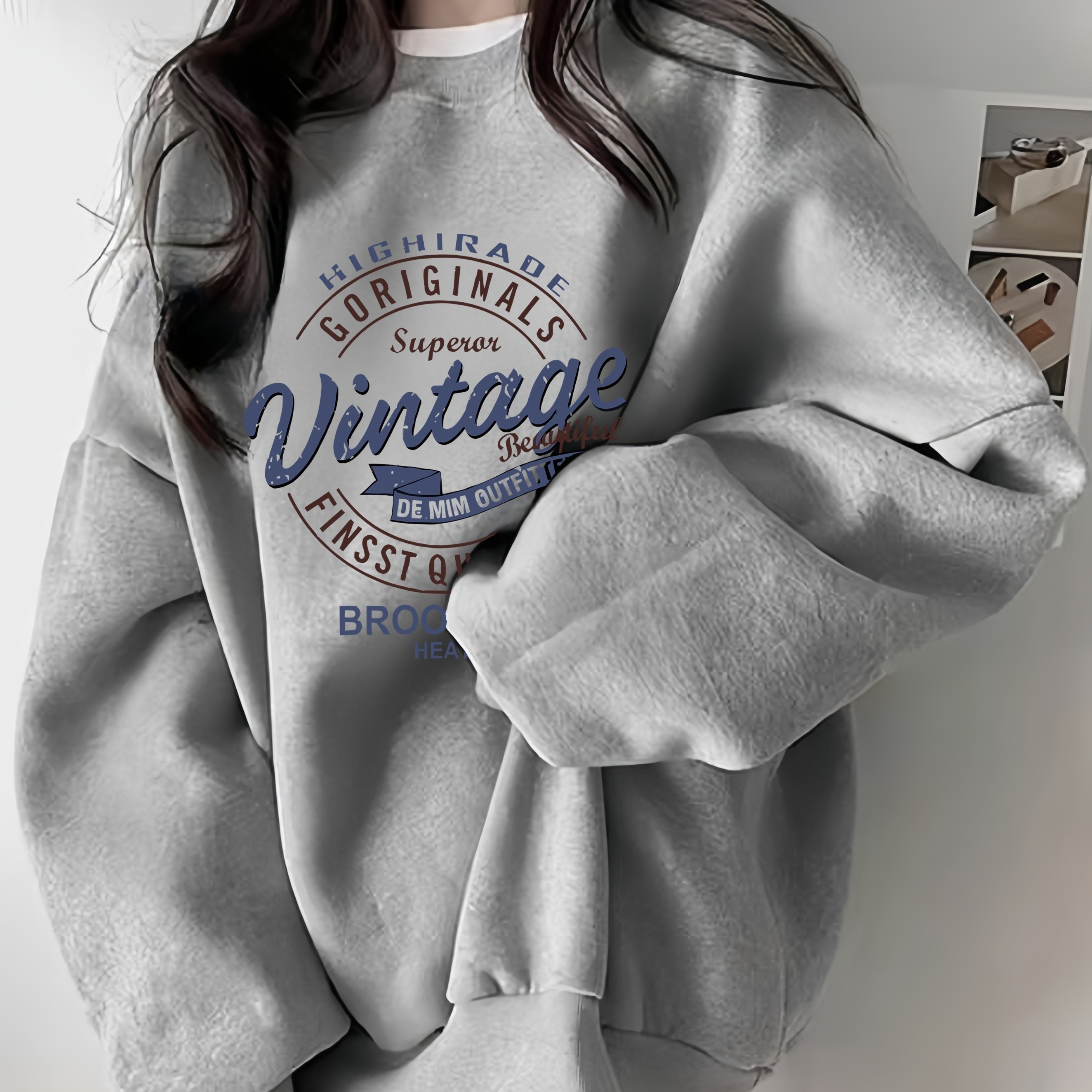 

Vintage-inspired Letter Print Sweatshirt For Women - Cozy Knit Polyester, Long Sleeve Crew Neck Pullover, Fall & Winter - Soft, Breathable, Machine Washable