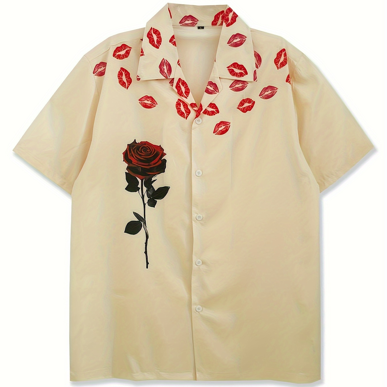 

Red Lips & Rose Graphic Print Men's Short Sleeve Lapel Shirt Top, Male Casual Button Up Shirt For Daily And Vacation Resorts