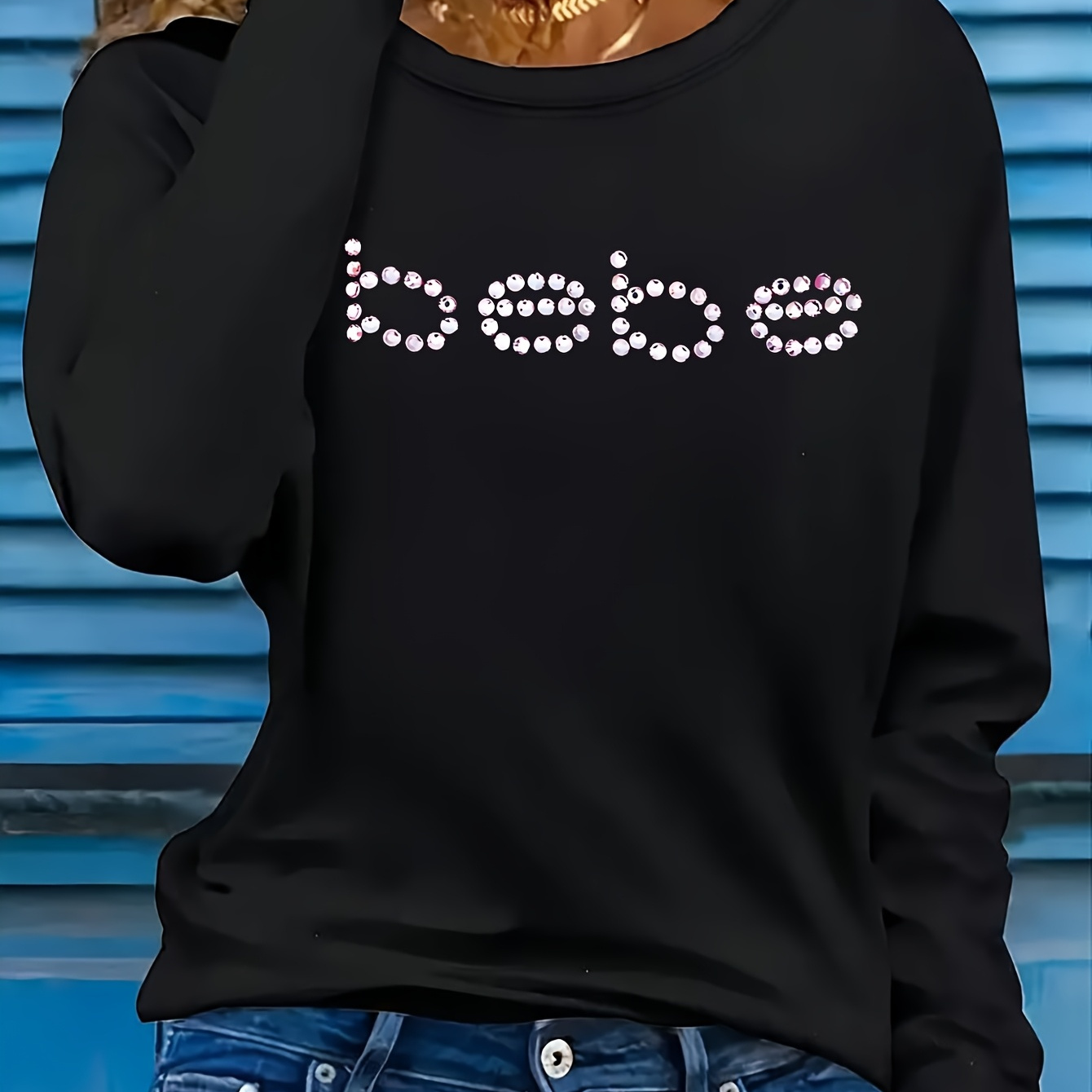 

Bebe Casual Long Sleeve T-shirt - Letter Print, Crew Neck, Stretchy Polyester , Machine Washable - All , Long Sleeve