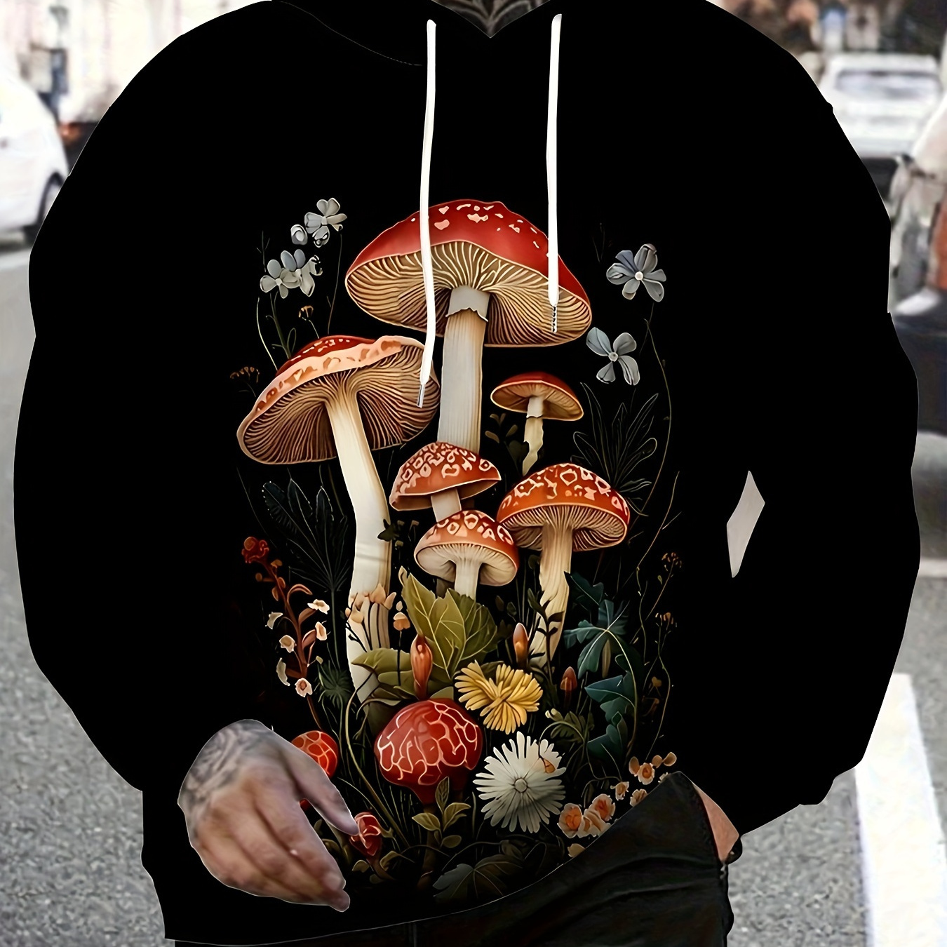 

Men's Casual Hoodie With Vibrant Mushroom & - Long Sleeve, Polyester, Machine Washable, Ideal For Spring/fall Outdoor Activities & Evening Dates