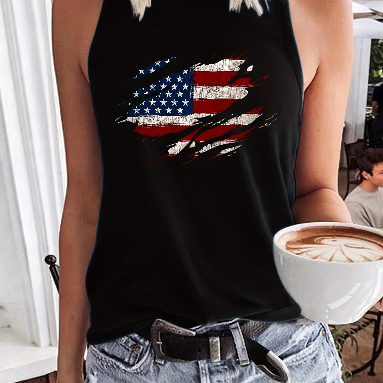 

Flag Print Crew Neck Tank Top, Sleeveless Casual Top For Summer & Spring, Women's Clothing