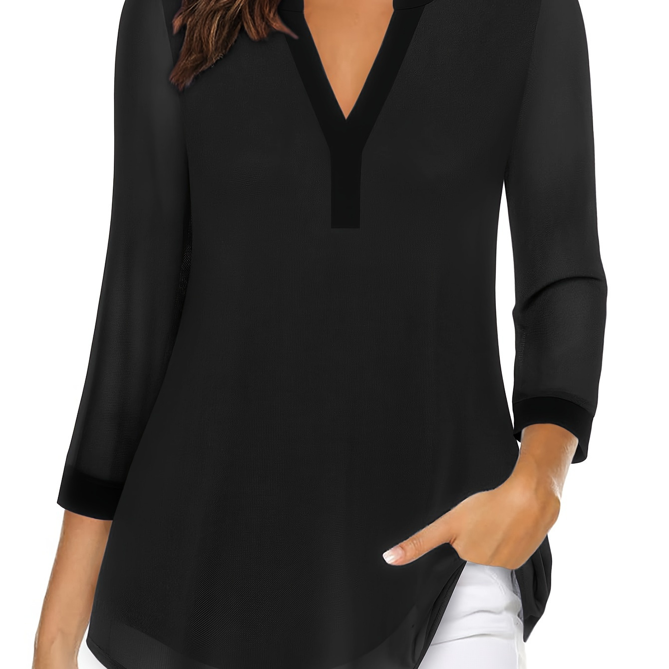 

Women's Plus Size Tops 3/4 Sleeve Blouses Casual V Neck Dress Shirts Double Layers Mesh Tunics Tops