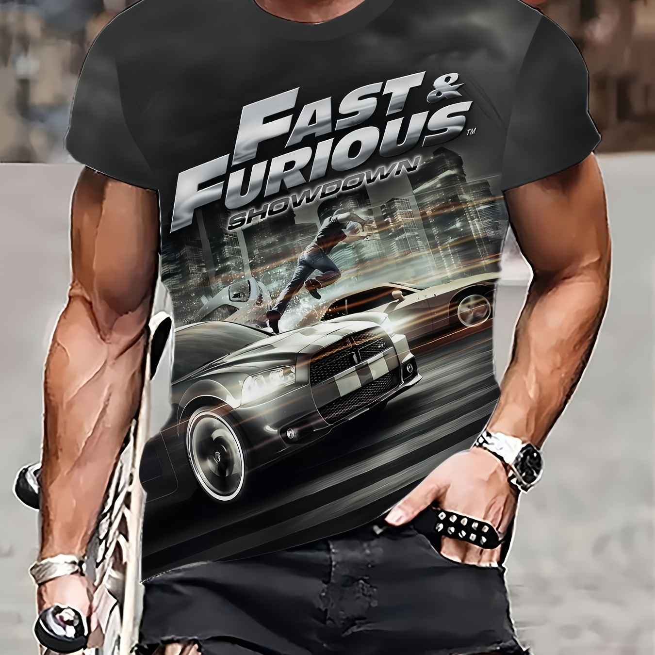 

Men's "" Graphic Tee - Casual Black Polyester T-shirt With Race Car Print, Machine Washable, Round Neck - Urban Style