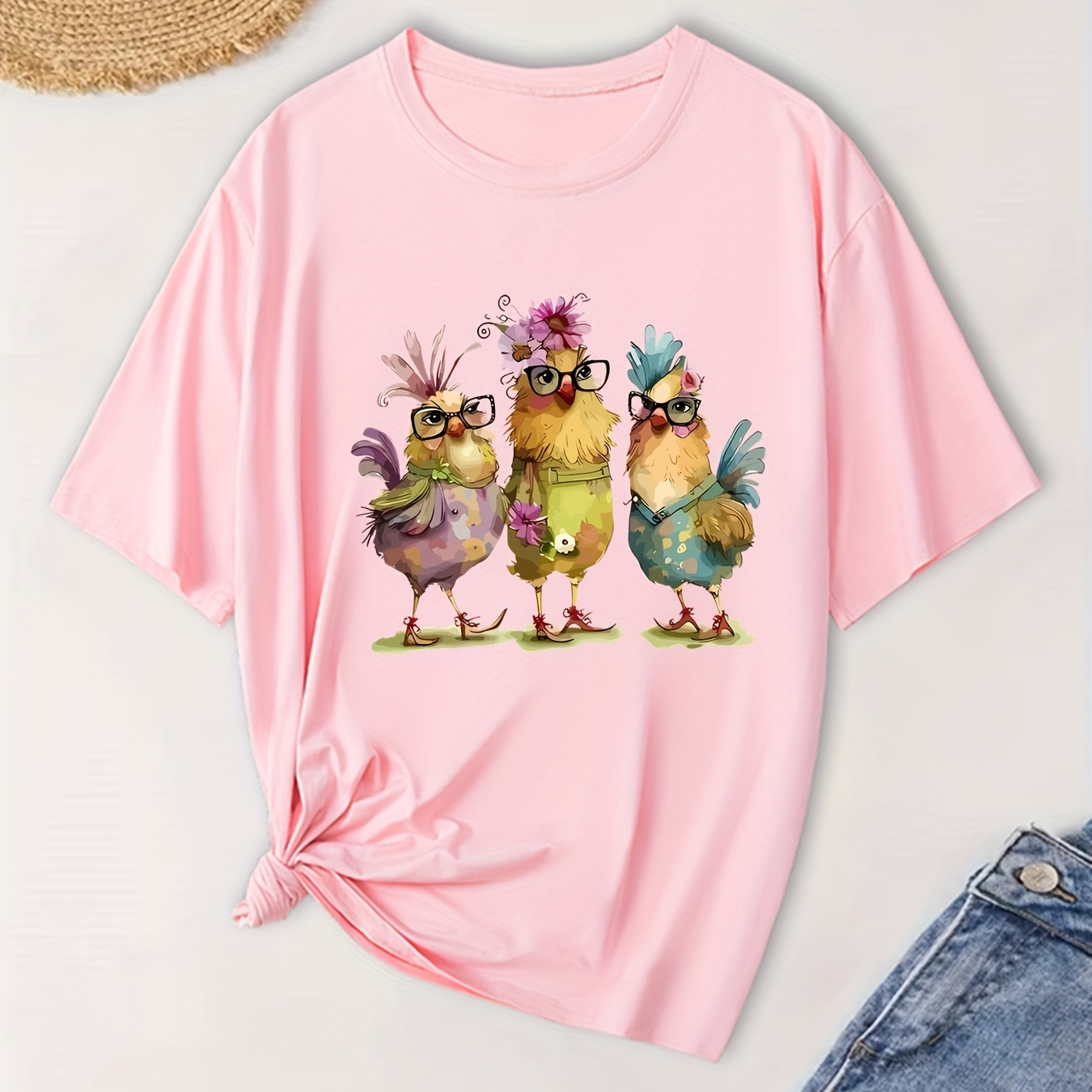 

Plus Size Funny Chicken Print T-shirt, Casual Short Sleeve Crew Neck Top For Spring & Summer, Women's Plus Size Clothing