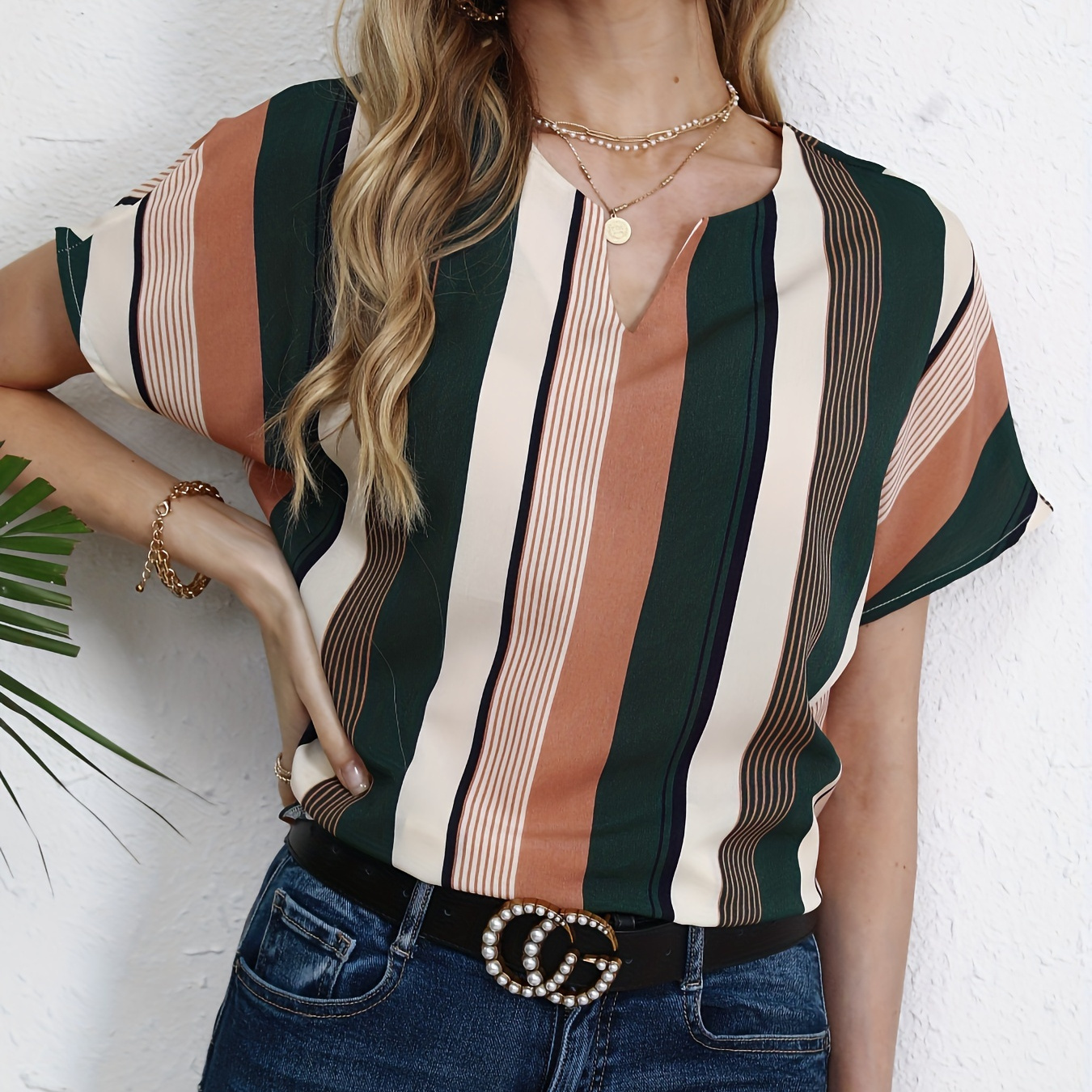 

Striped Print Notched Neck Blouse, Casual Short Sleeve Blouse For Spring & Summer, Women's Clothing