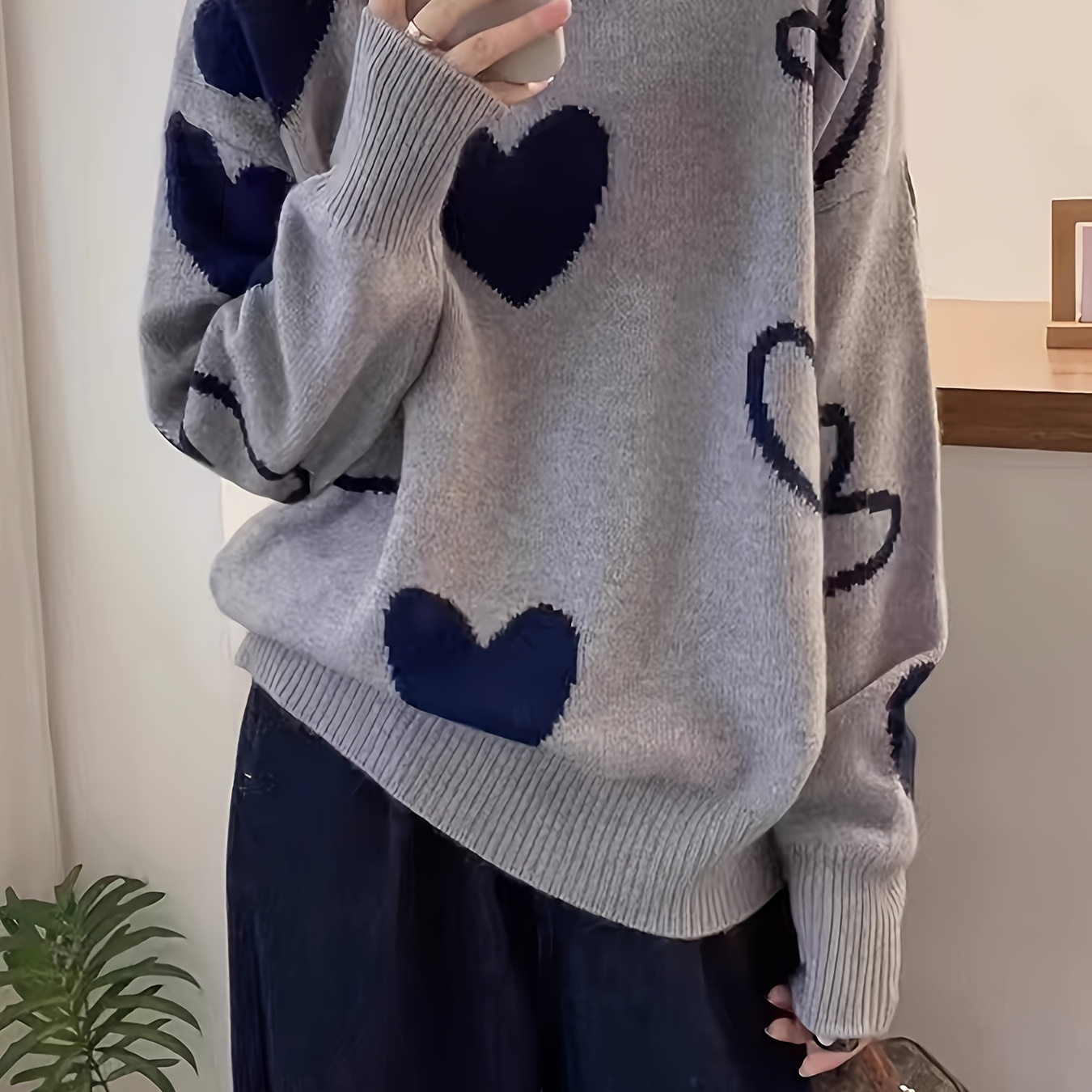 

Women's Chic Heart Pattern Knit Sweater, Polyester 100 Neck Pullover, Casual Loose Top For Fall/winter, 420g/m² Knit Fabric