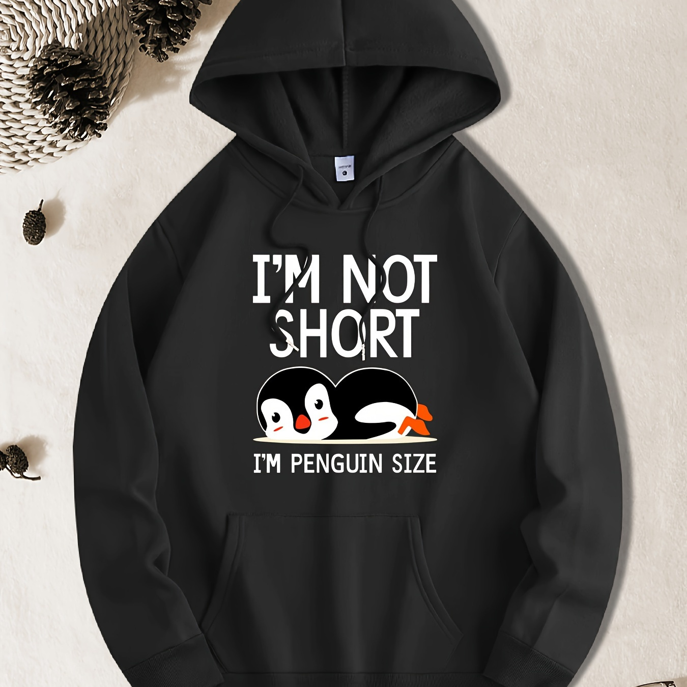 

Short I'm Penguin Size Print Hoodie, Cool Hoodies For Men, Men's Casual Pullover Hooded Sweatshirt With Kangaroo Pocket Streetwear For Winter Fall, As Gifts