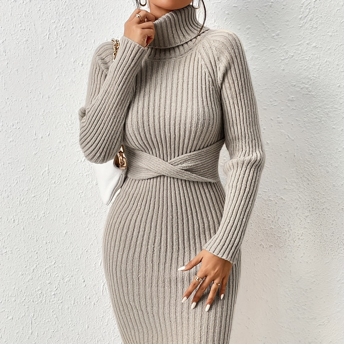 

Twist Front Long Sleeve Dress, Casual Ribbed Solid Color Turtle Neck Sweater Dress For Fall, Women's Clothing