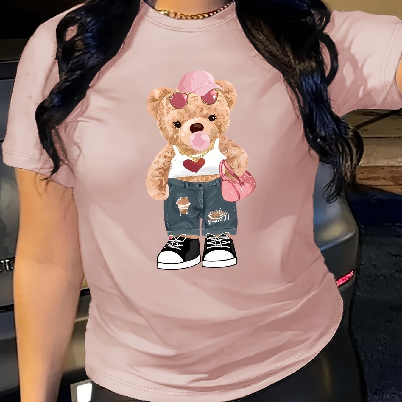 

Heart Bear Print T-shirt, Casual Short Sleeve Crew Neck Top For Spring & Summer, Women's Clothing