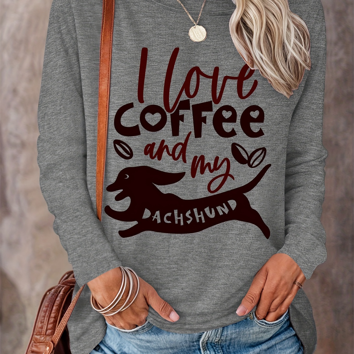 

Women's Casual Long Sleeve T-shirt With " And My Dachshund" Print, Polyester Knit Fabric, Round Neck, Spring/fall Collection