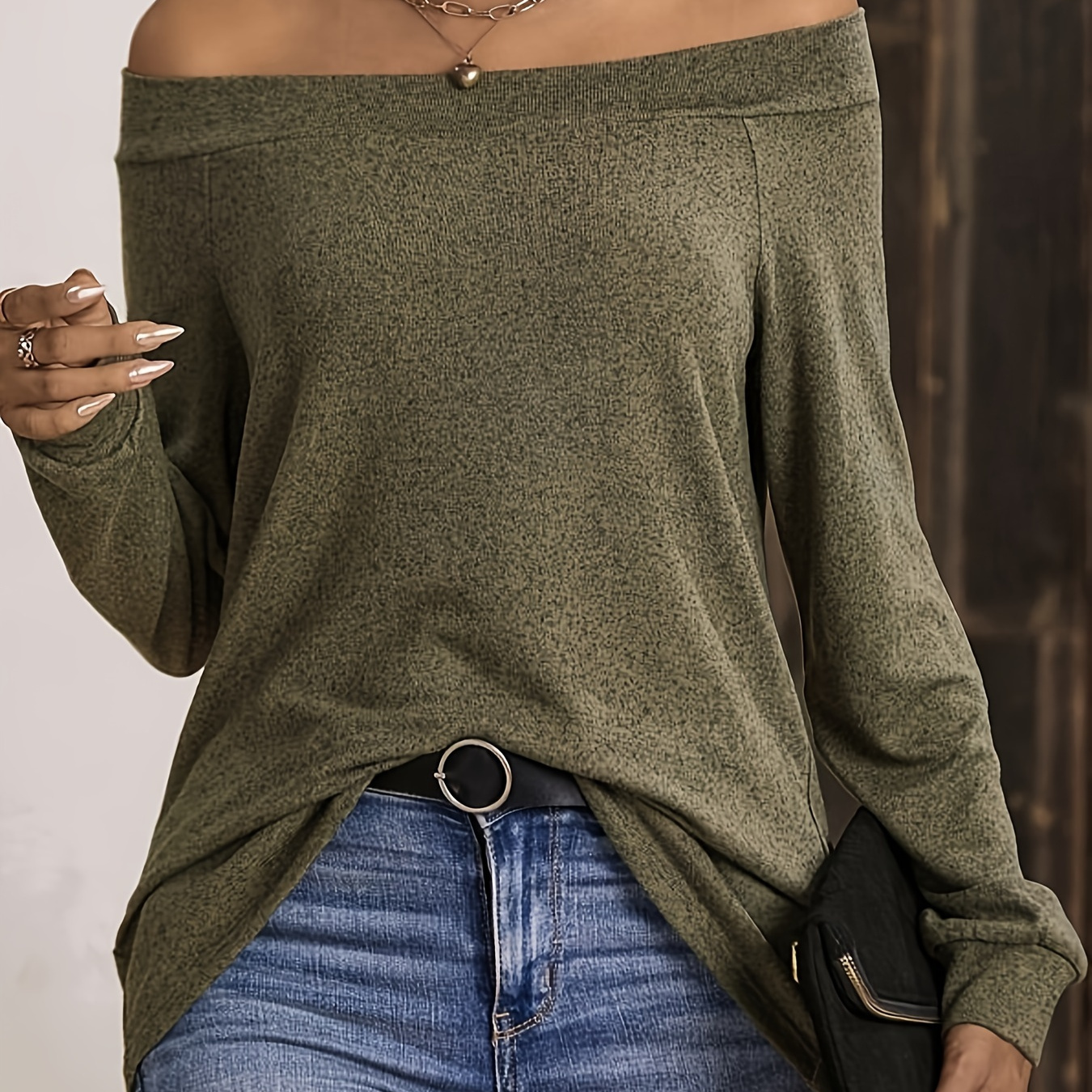 

Off Shoulder Solid T-shirt, Casual Long Sleeve Top For Spring & Fall, Women's Clothing