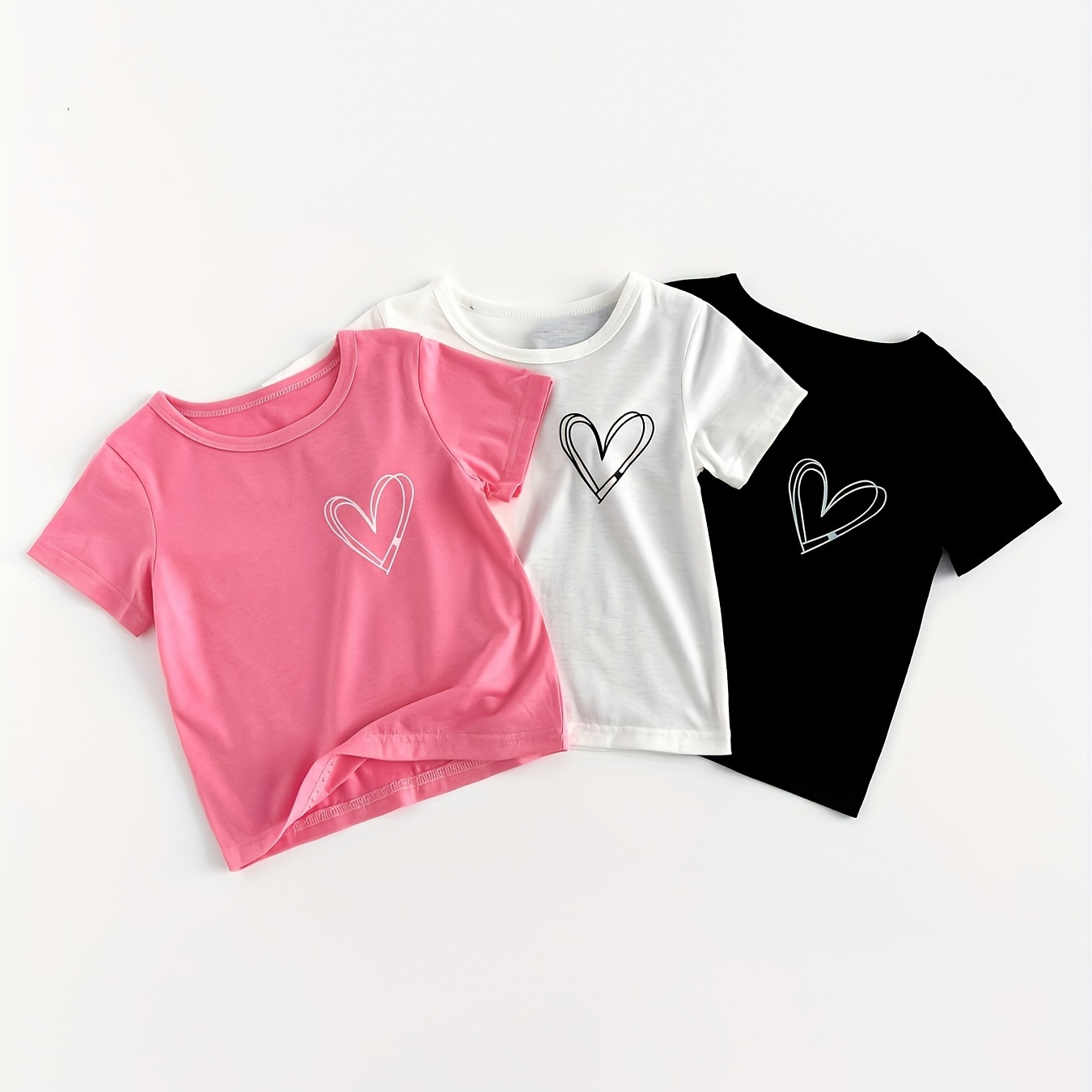 

3pcs Heart Graphic Short Sleeve T-shirts For Girls - & Comfy Polyester, Round Neckline In Pink, White, & Black - Ideal For Spring/summer/fall Outdoor Fun, Girls Shirts