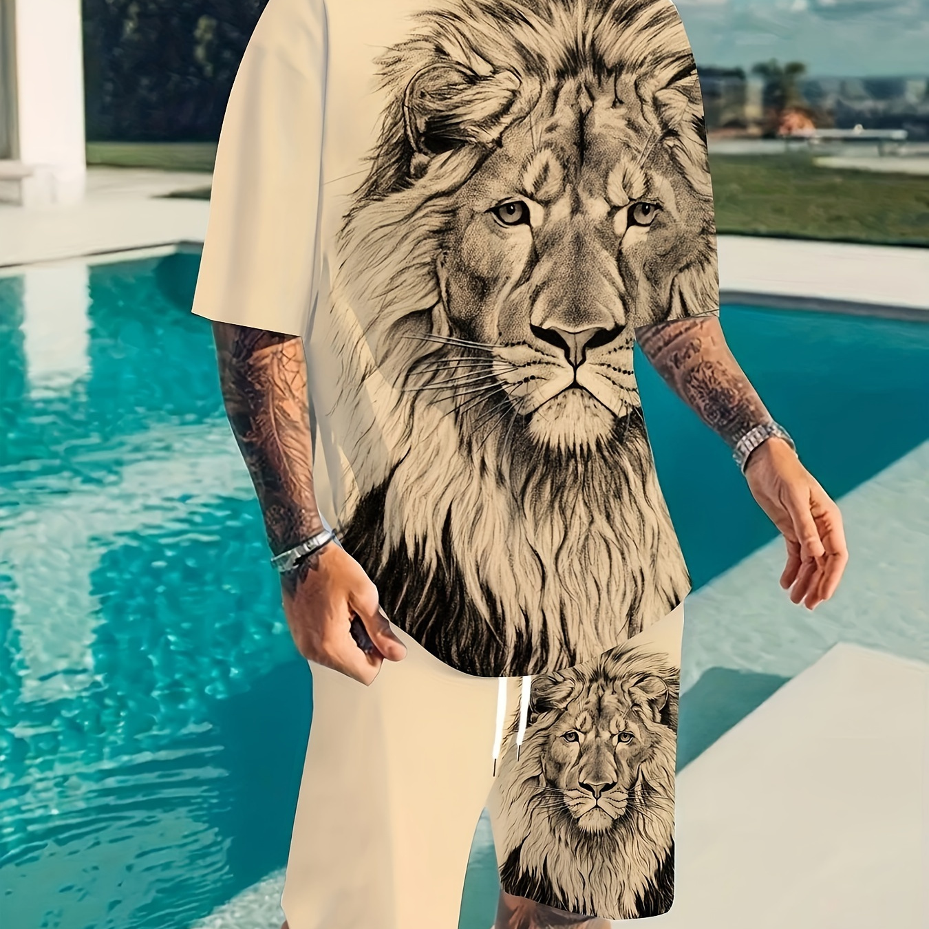 

Plus Size Men's Cool Lion Print T-shirt & Shorts Set For Summer, Casual Trendy 2pcs