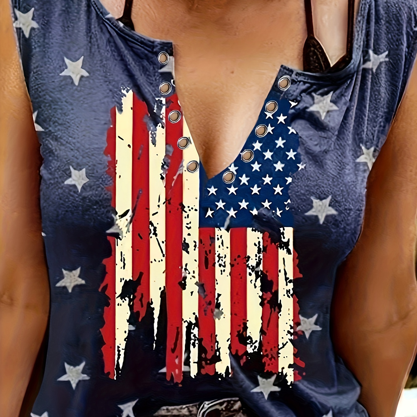 

American Flag Print Tank Top, Vintage Button Front Sleeveless Independence Day Top, Women's Clothing