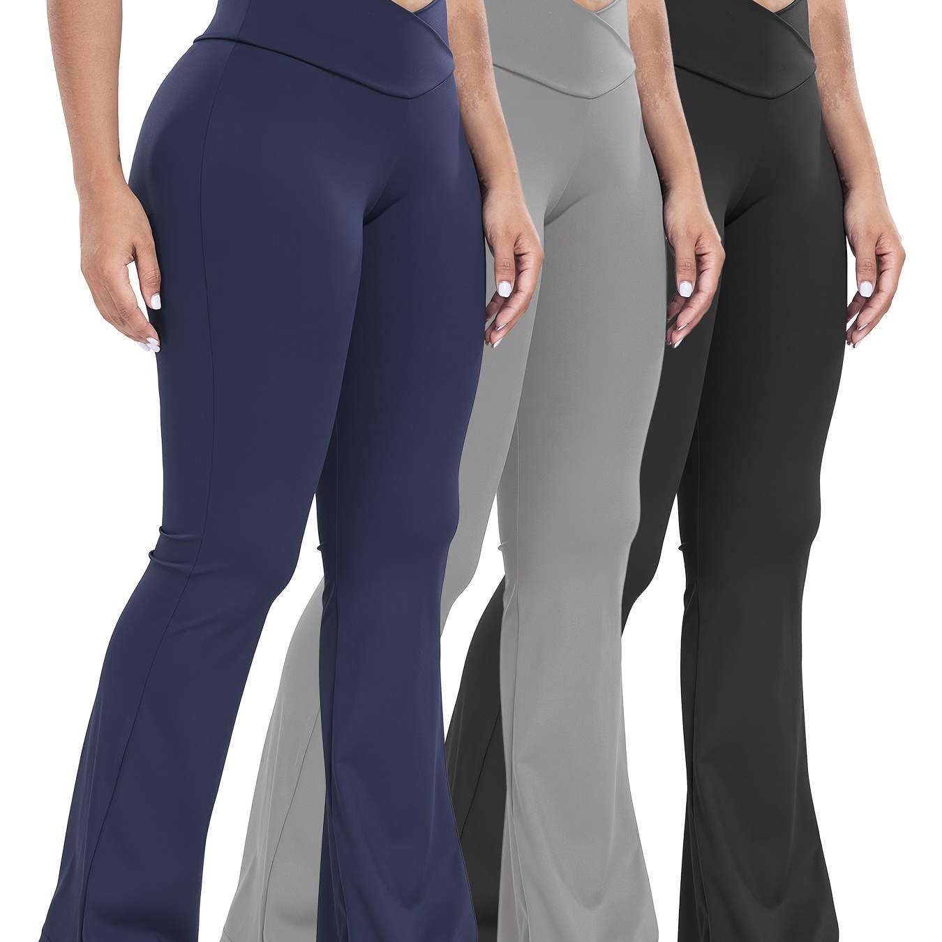 

3-pack High-waisted Waistband Yoga Pants For Women, Nylon 75% Elastane 25% Stretchy Flare Leg Sports Tights, Knit Fabric Workout Fitness Leggings With Tummy Control And Butt Lifting Design