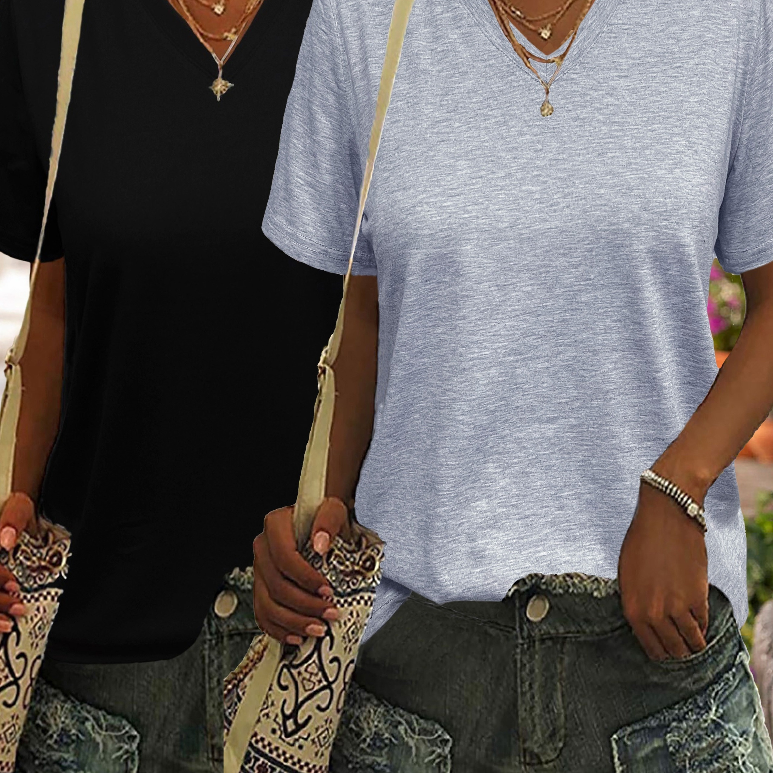 

Solid Color T-shirt 2 Pack, Short Sleeve V Neck Casual Top For Summer & Spring, Women's Clothing