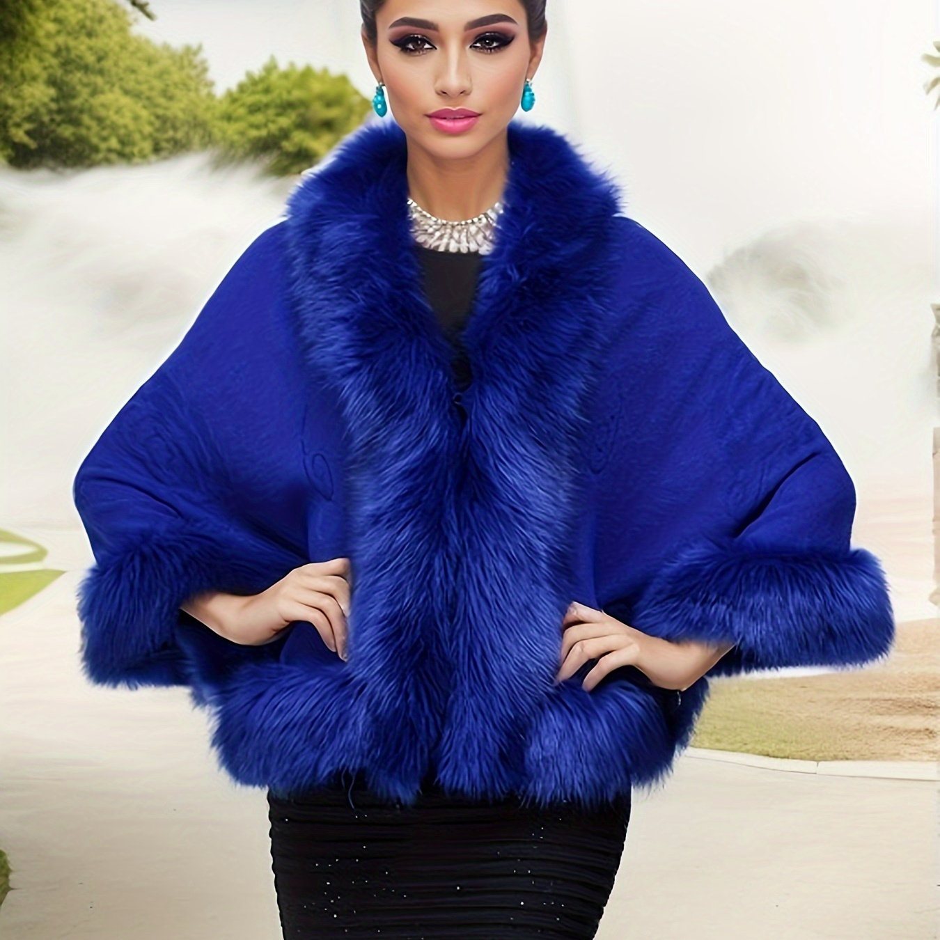 

Elegant Blue Fur Shawl For Women - Lightweight Luxury Evening & Party Wrap, Acrylic/ Leather , Knitted Cape With Fluffy Trim Detail