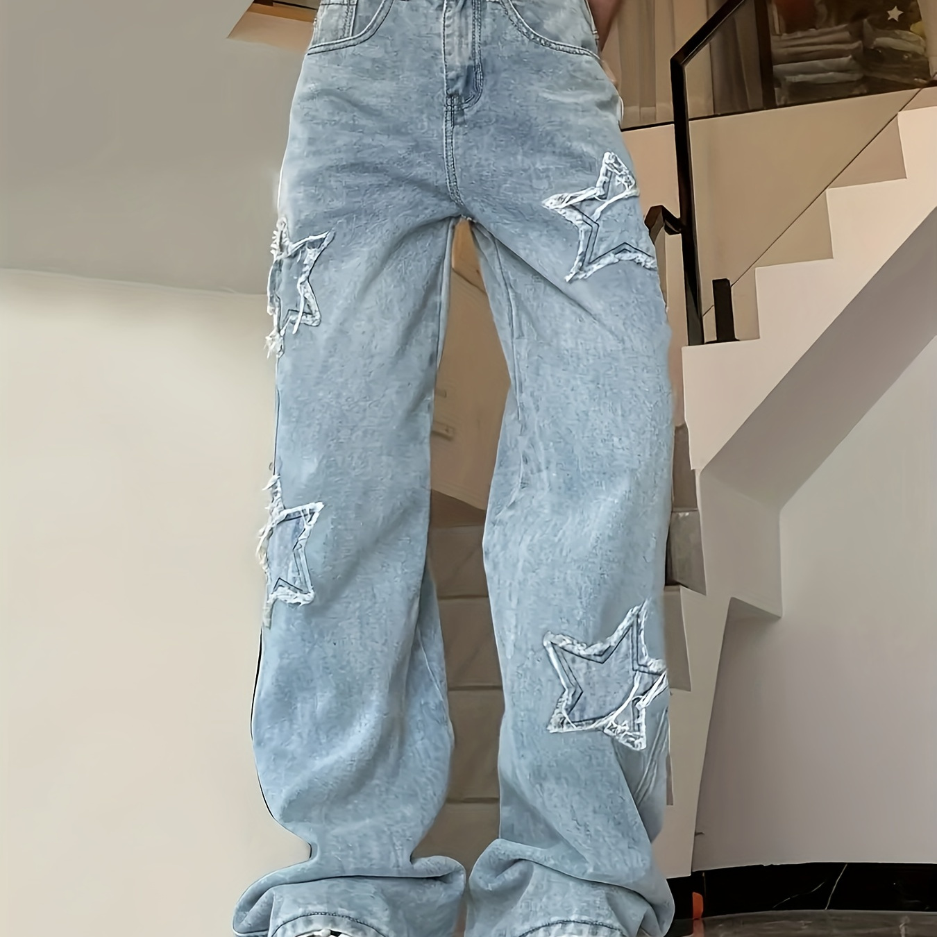 

Women's High Waist Vintage Washed Distressed Jeans With Embroidered Stars Patchwork, Casual Denim Pants, Non-stretch, Relaxed Fit For Fall & Winter