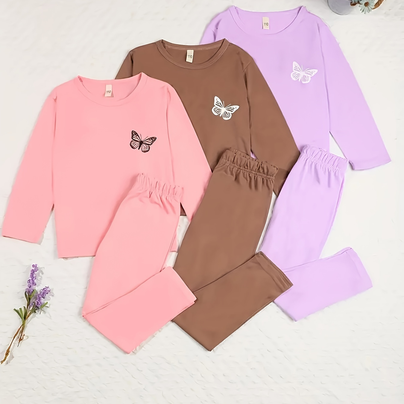 

3 Sets Girls Casual Outfit 2pcs, Butterfly Pattern Long Sleeve Top & Pants Set, Children's Clothing For Spring/ Summer/ Fall