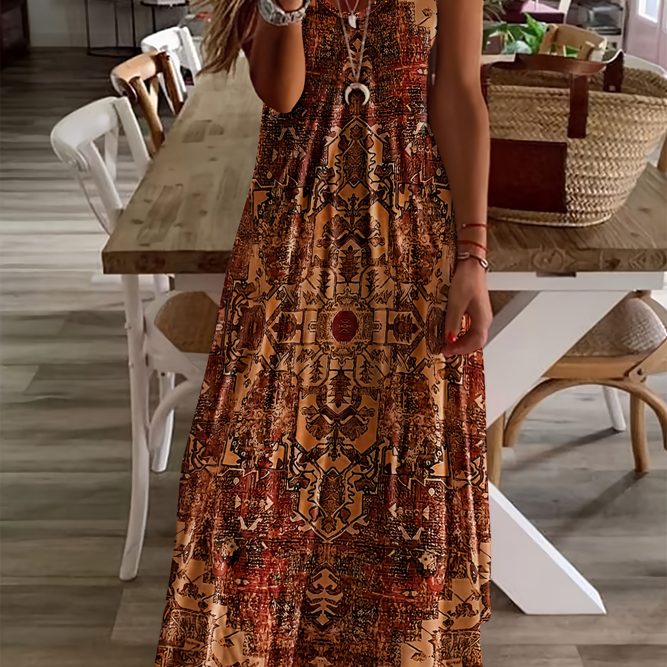 

Ethnic Style Floral Print V Neck Dress, Casual Short Sleeve Maxi Dress For Vacation, Women's Clothing