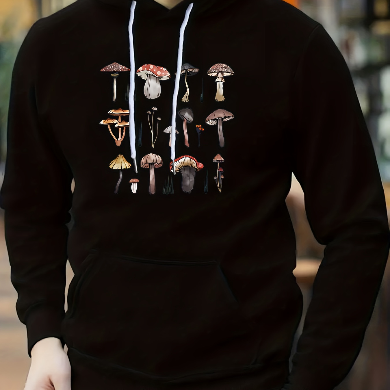 

Mushroom Pattern Men's Hooded Sweatshirt With Kangaroo Pocket, Men's Creative Pullover Tops For Fall Winter