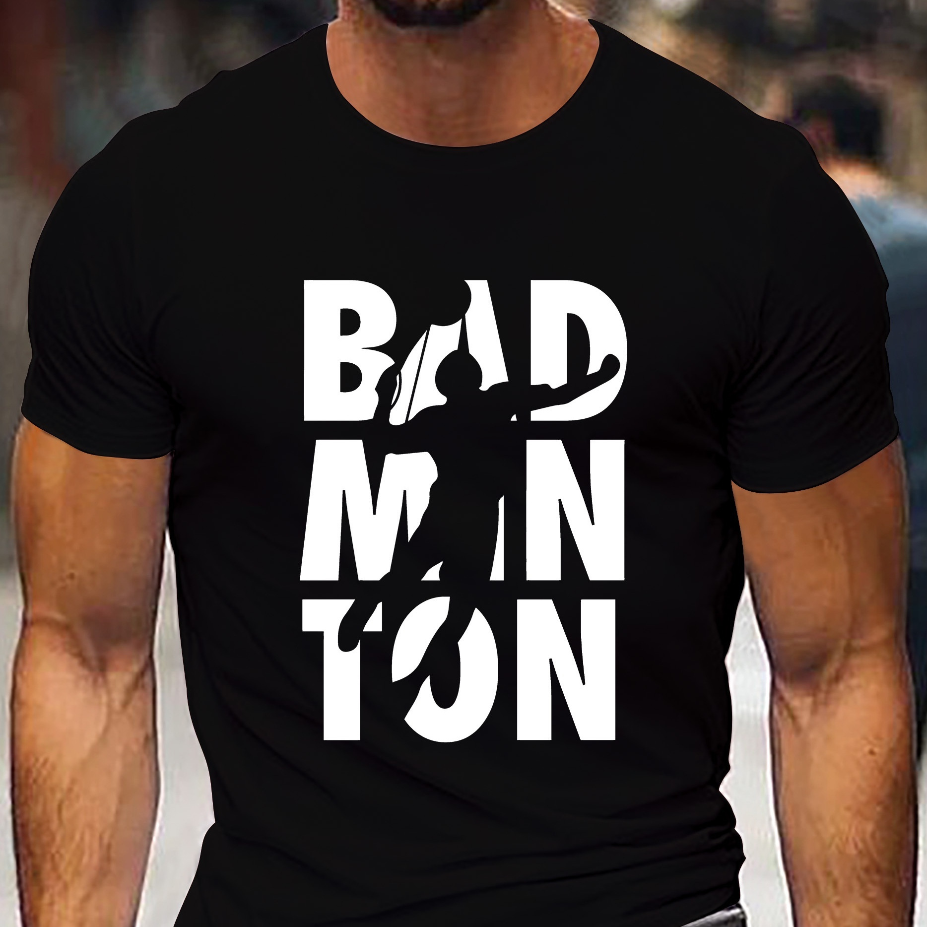 

Badminton Letter Graphic Print Men's Creative Top, Casual Short Sleeve Crew Neck T-shirt, Men's Clothing For Summer Outdoor