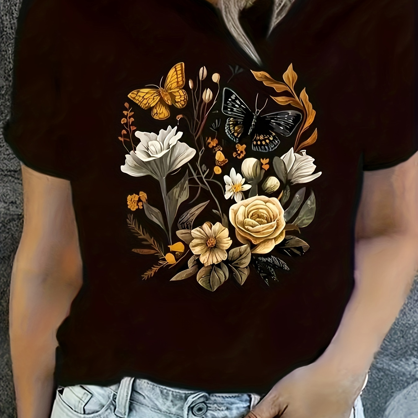 

Floral & Butterfly Print T-shirt, Casual Short Sleeve Crew Neck Top For Spring & Summer, Women's Clothing