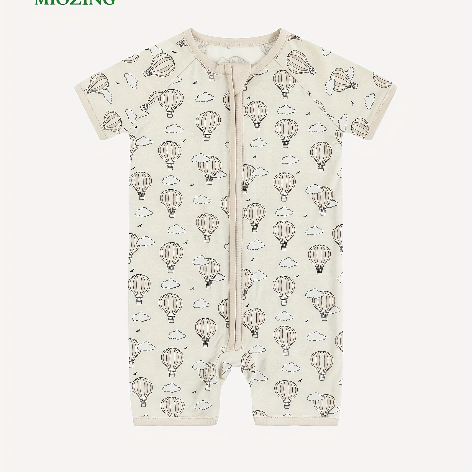 

Miozing Bamboo Fiber Bodysuit, Cartoon Hot Air Balloon Pattern, Zip Up Short Sleeve Onesie, Baby Girl's Clothing