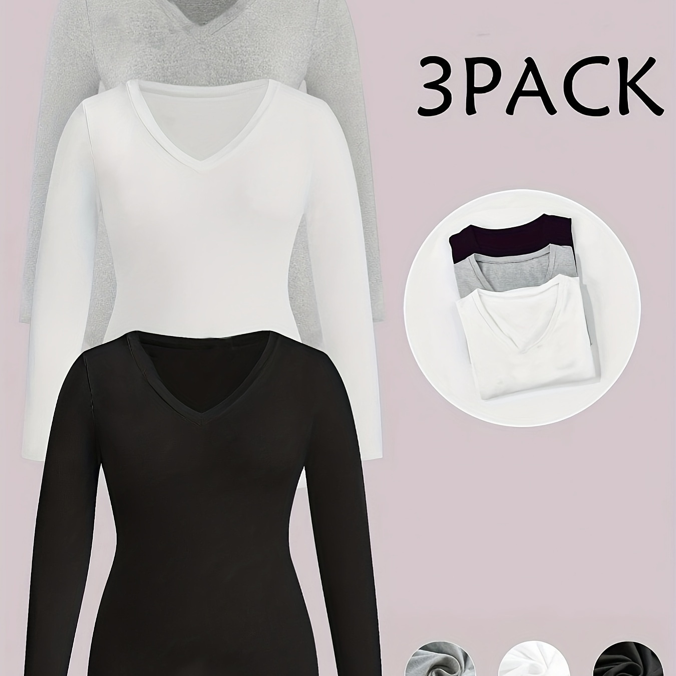 

3- Women's Plus Size Long Sleeve V- , , , Stretchy Polyester , All , No , T-shirts