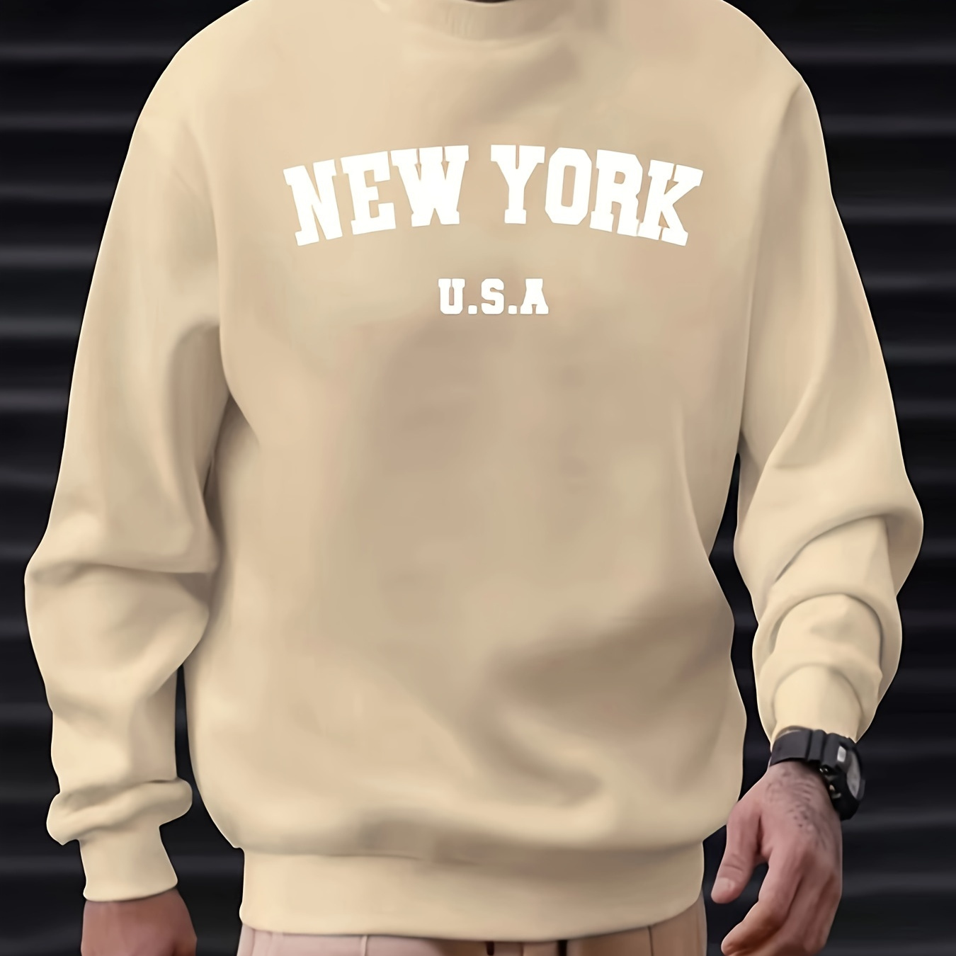

New York Print, Sweatshirt With Long Sleeves, Men's Casual Creative Graphic Crew Neck Pullover Tops For Spring Fall And Winter
