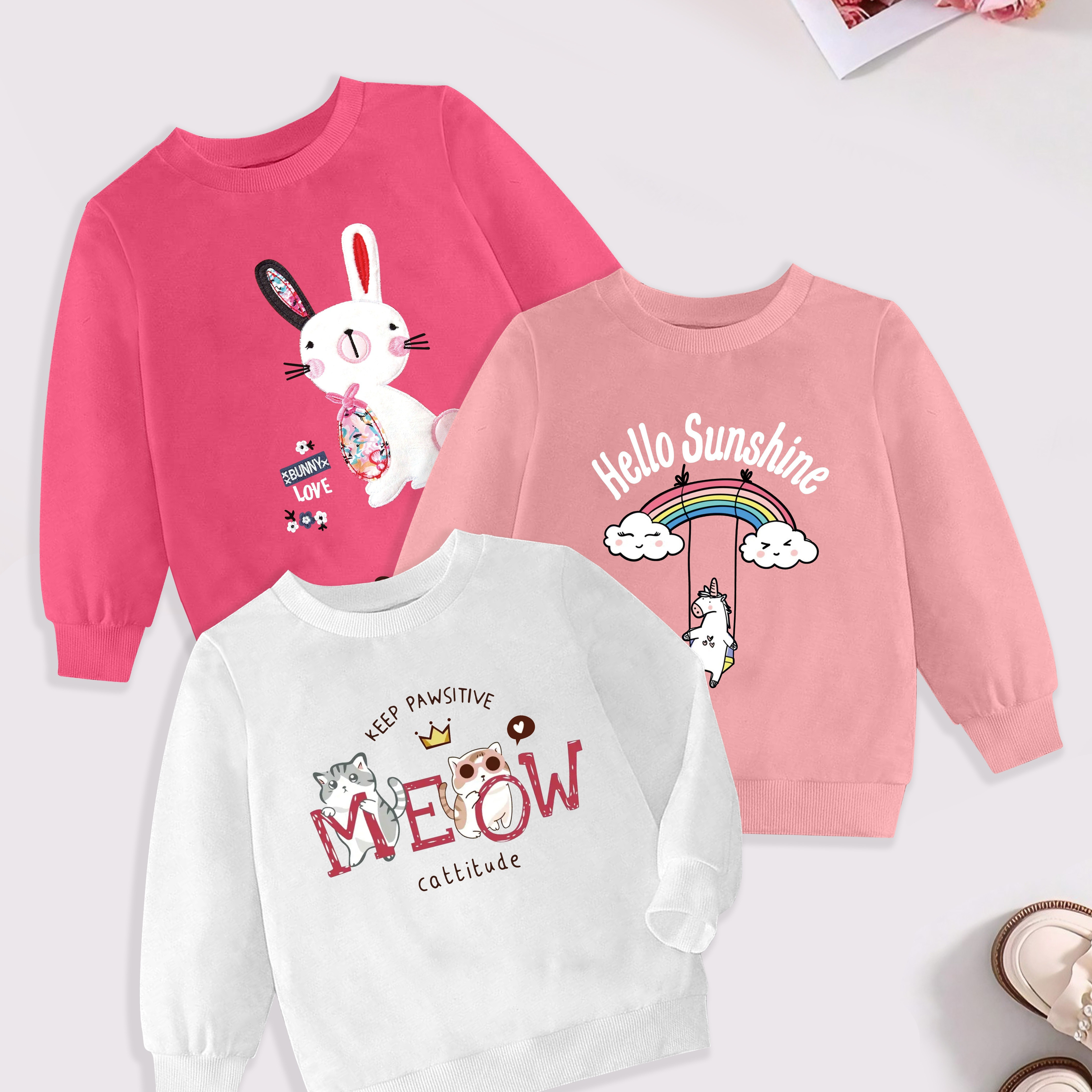 

3pcs ' Sweatshirt Set - Rabbit, Unicorn & Cat , Polyester & Elastane , , , Non-transparent, For Fall/, , Kids' Clothing