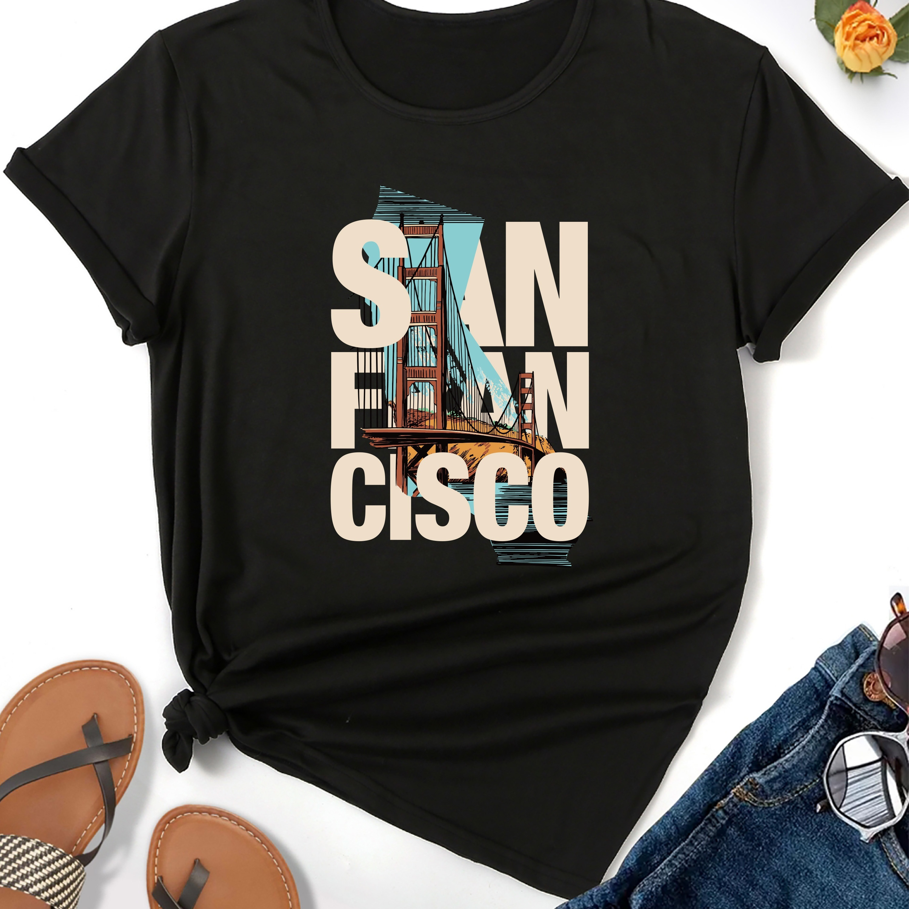 

San Francisco Print T-shirt, Casual Crew Neck Short Sleeve Top For Spring & Summer, Women's Clothing