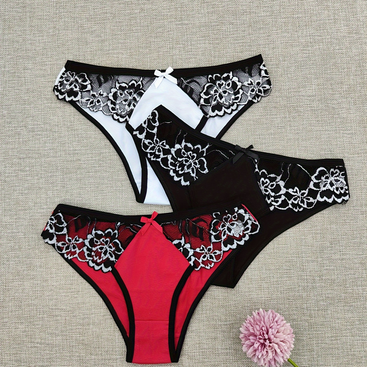 

3pcs Contrast Binding Bow Decor Floral Embroidery Cotton Low Waist Briefs, Elegant Comfy Breathable Stretchy Intimates Panties, Women's Lingerie & Underwear