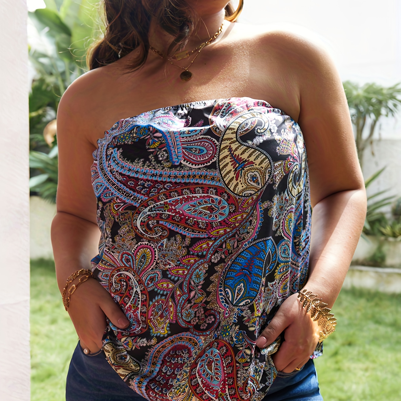 

Plus Size Casual Top, Women's Plus Paisley Print Strapless Slight Stretch Tube Top