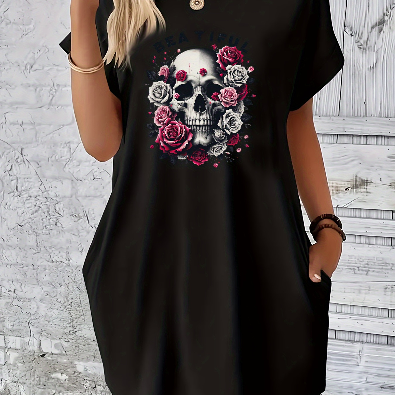 

Skull Print Tee Dress, Short Sleeve Crew Neck Casual Dress For Summer & Spring, Women's Clothing