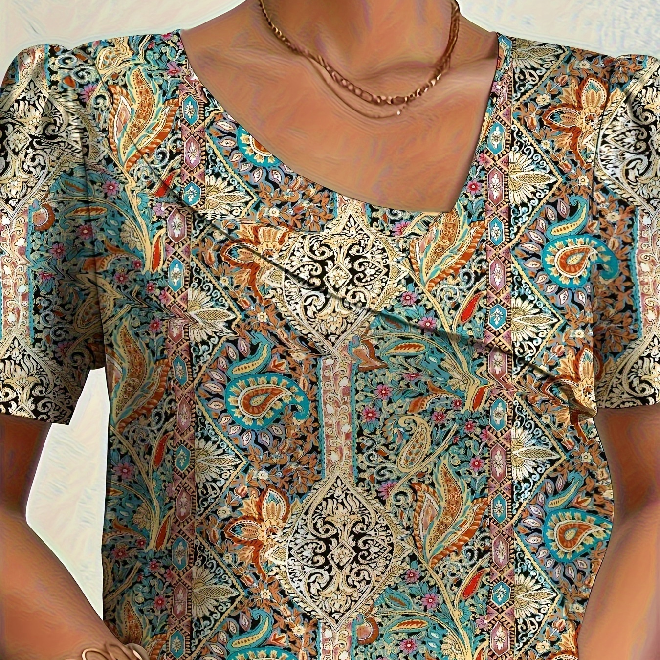 

Plus Size Paisley Print Asymmetrical Shoulder Blouse, Boho Short Sleeve Blouse For Spring & Summer, Women's Plus Size Clothing