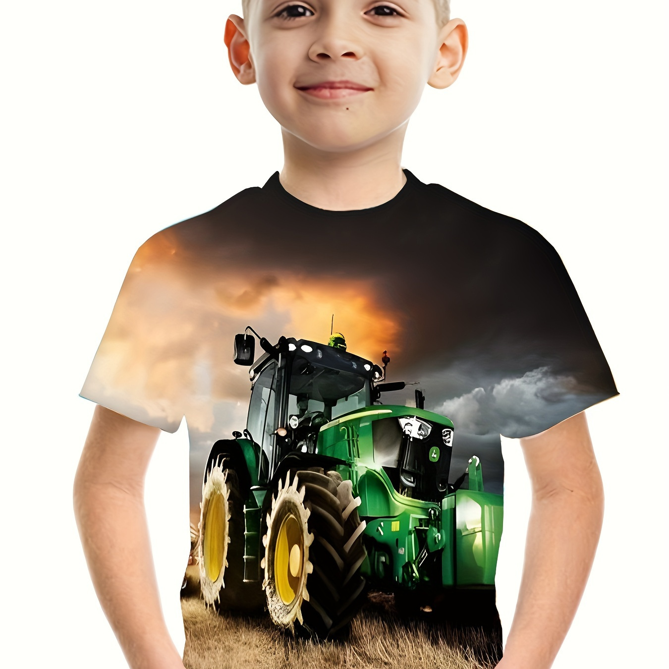 

T-shirt Sportif À Manches Courtes Pour Garçon Avec Impression 3D De Tracteur - Vêtement D'extérieur Estival Confortable