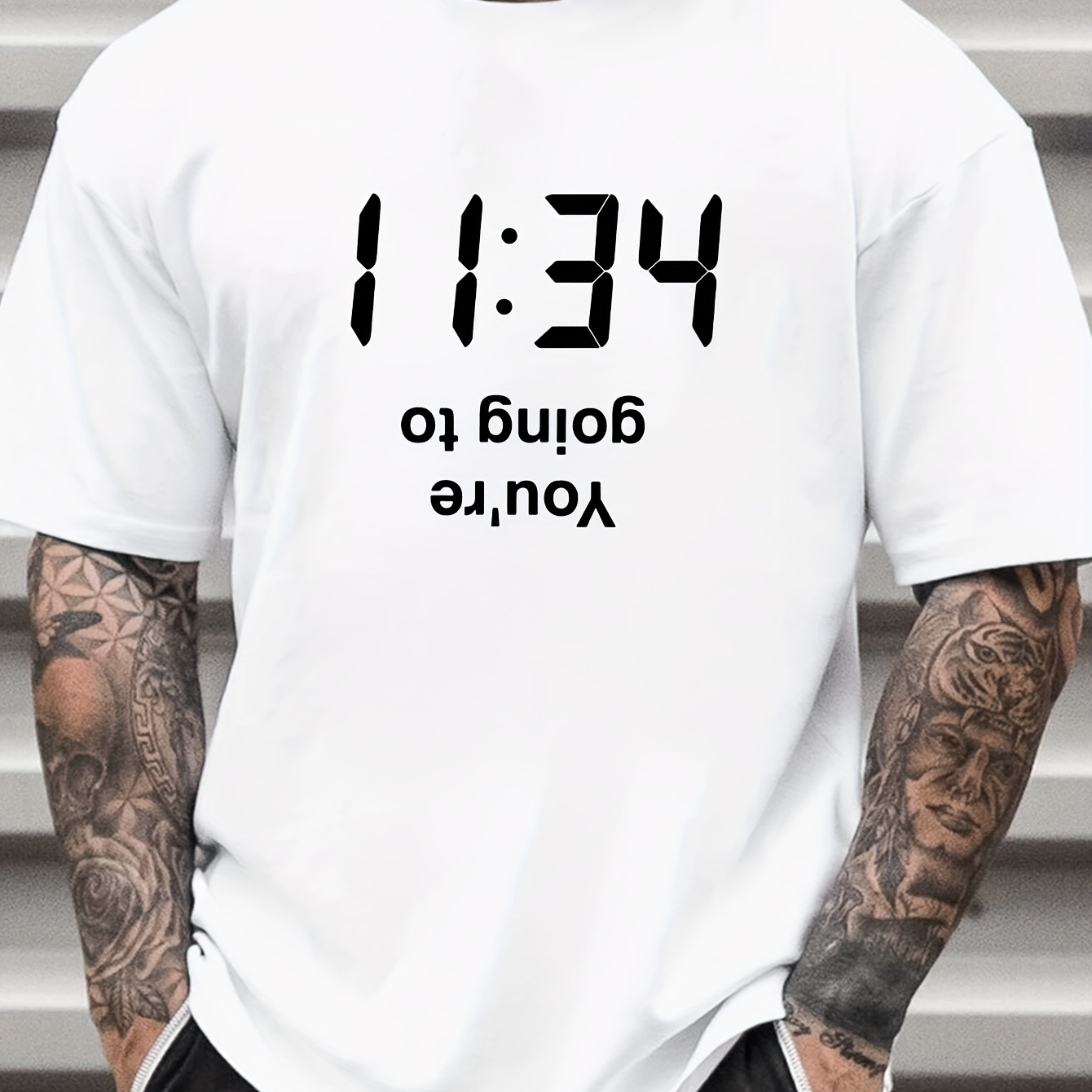 

Men's Pure Cotton T-shirt, Clock Graphic Print Short Sleeve Crew Neck Tees For Summer, Casual Outdoor Comfy Clothing For Male