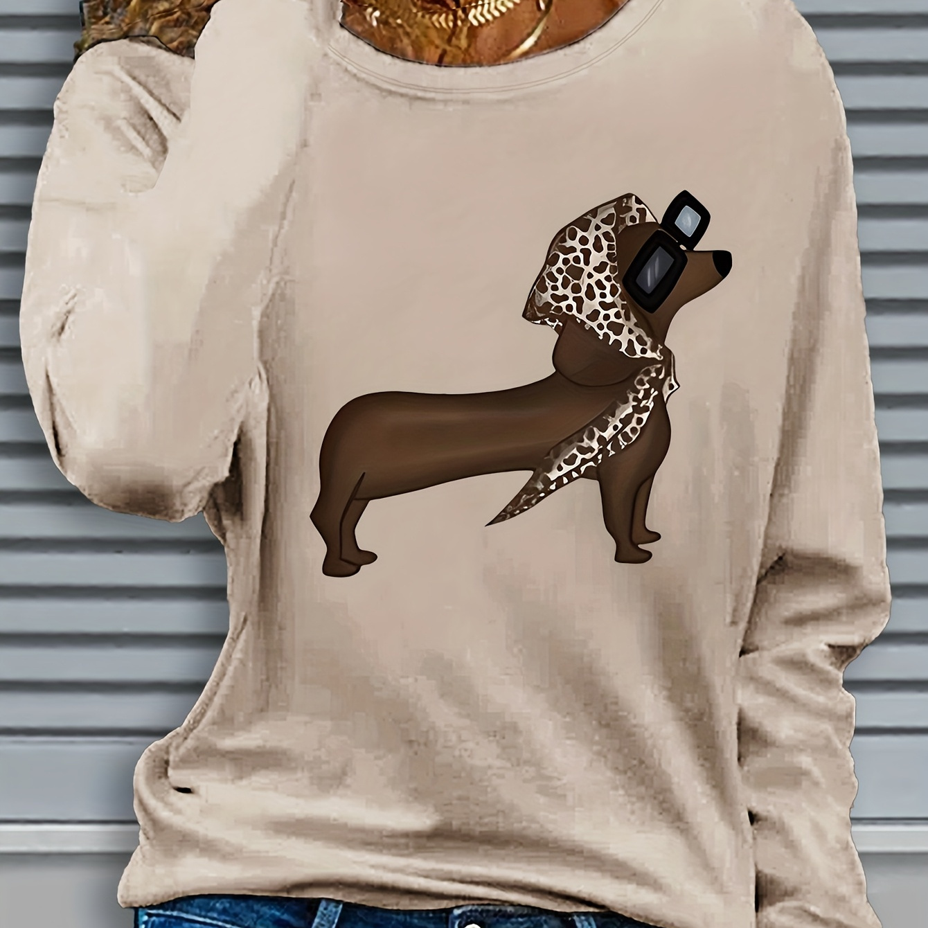 

1pc Women's Casual Long Sleeve T-shirt With Dachshund , Crew Neck, Slight Stretch Polyester Knit Fabric, Regular Fit Pullover For Spring & Fall