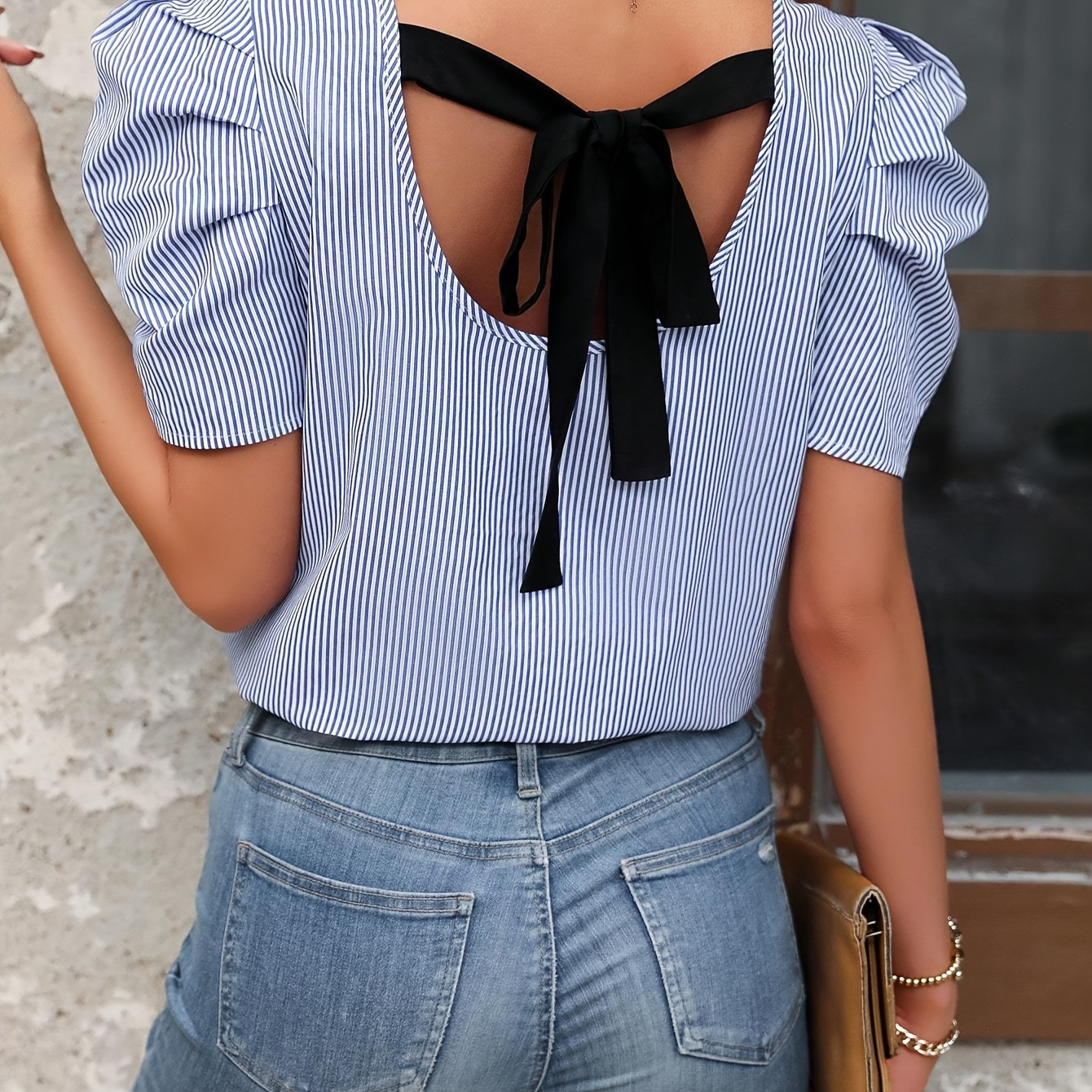 

Striped Print Crew Neck Blouse, Elegant Backless Knot Puff Sleeve Blouse For Spring & Summer, Women's Clothing