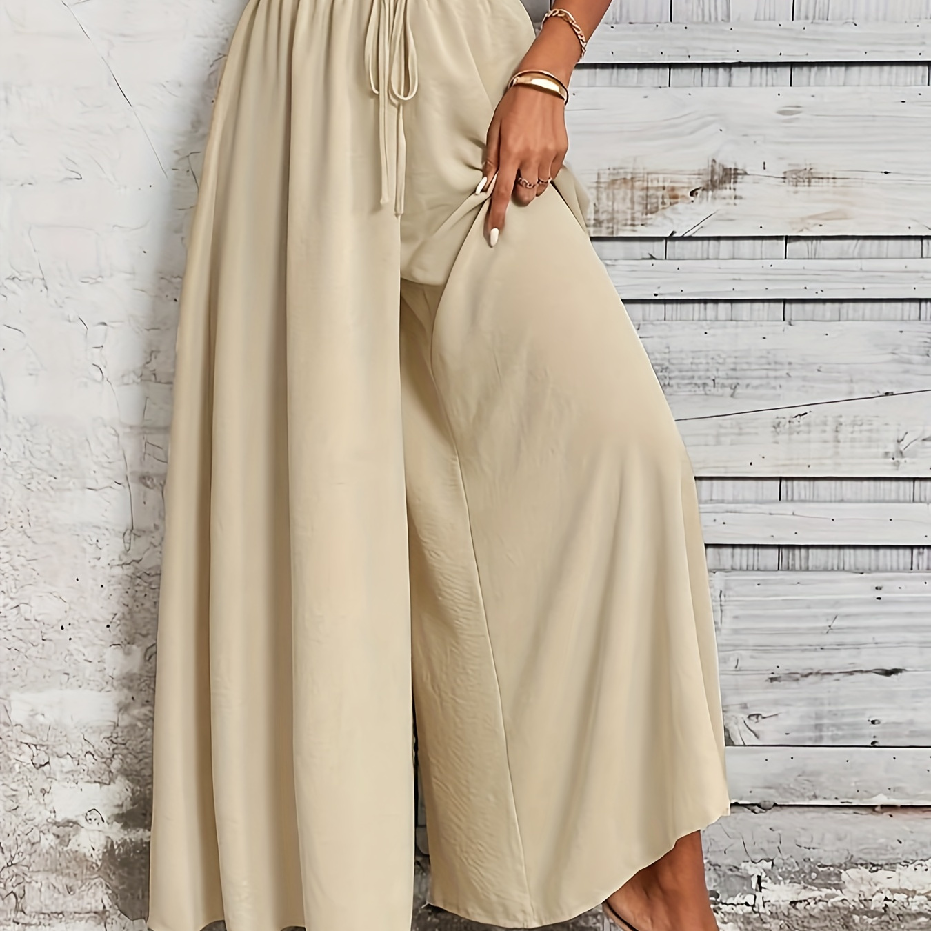 

Plus Size Solid Drawstring Wide Leg Pants, Casual Shirred Elastic Waist Pants, Women's Plus Size Clothing