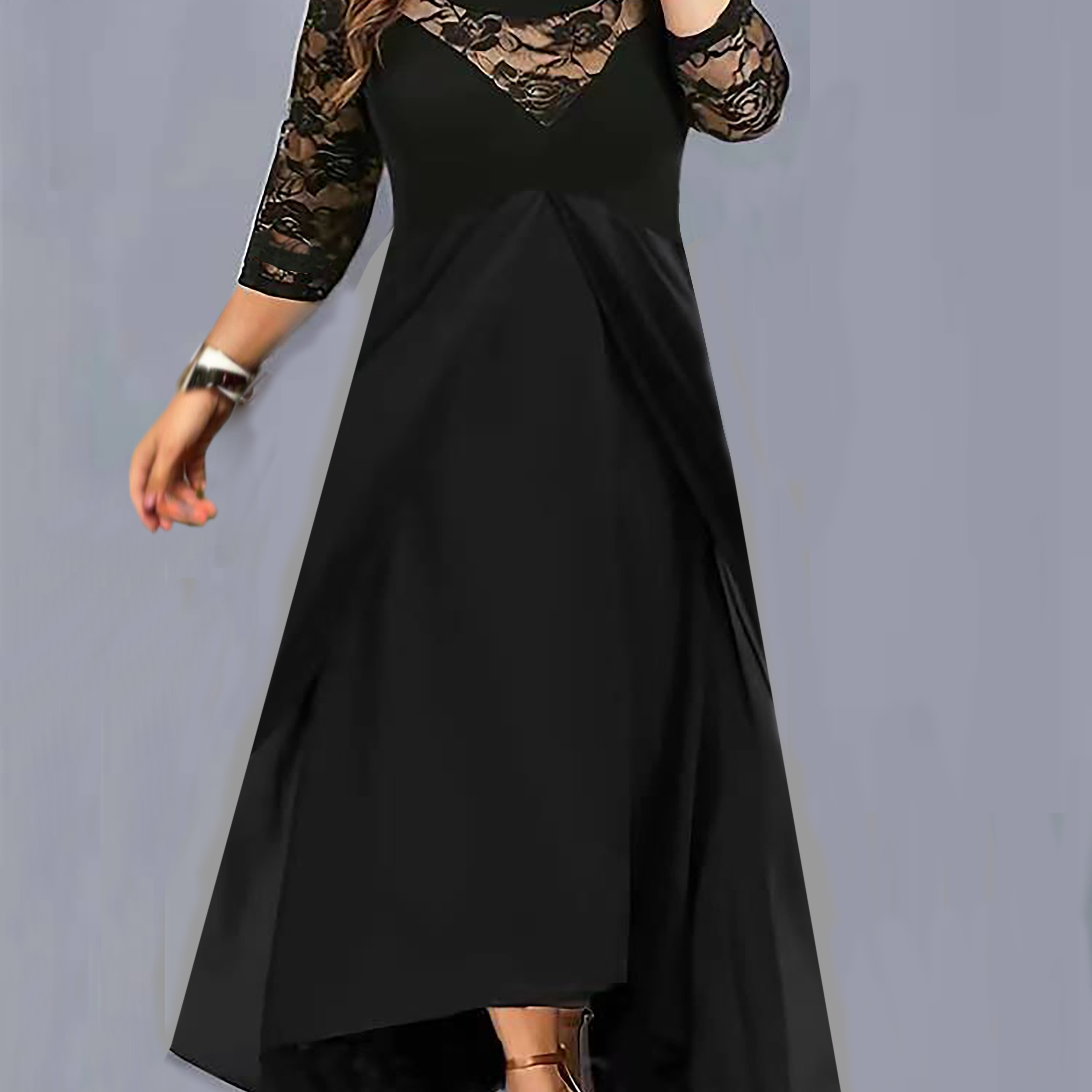 Plus Size Casual Dress, Women's Plus Solid Contrast Lace Long Sleeve Round Neck Maxi Dress