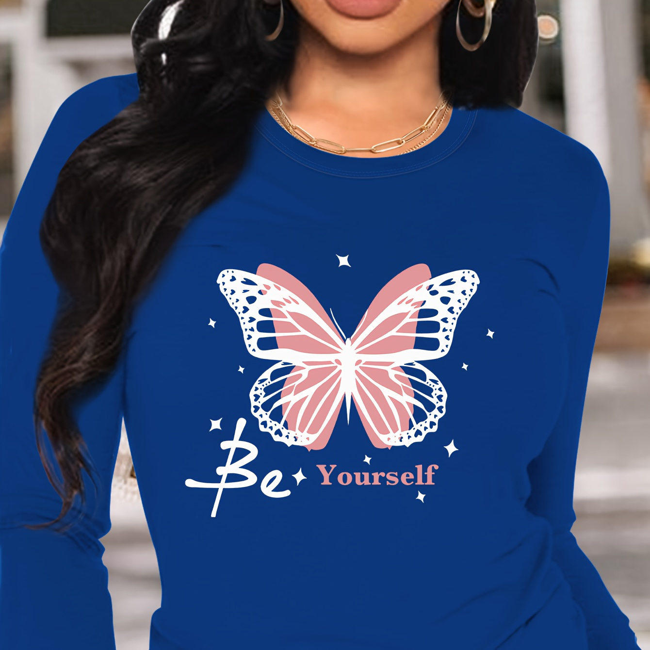 

Graphic Long Sleeve T-shirt - Casual Crew Neck, 100% Polyester, Machine Washable, Blue With Pink & For Women, Casual Wear|stylish Long Sleeve|polyester Fabric