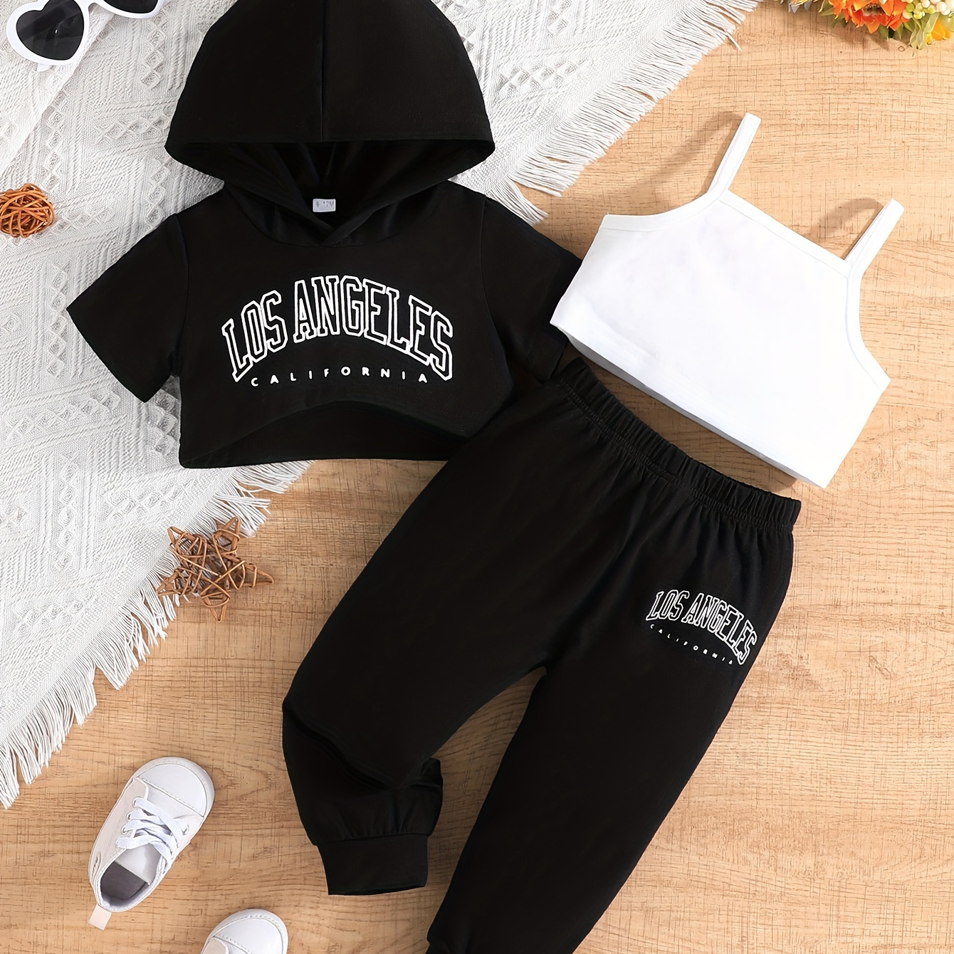

Baby Girls Letter Print Crop Short Sleeve Hooded Top + Solid Color Shorts Suspenders + Long Pants Casual Three-piece Set For Summer