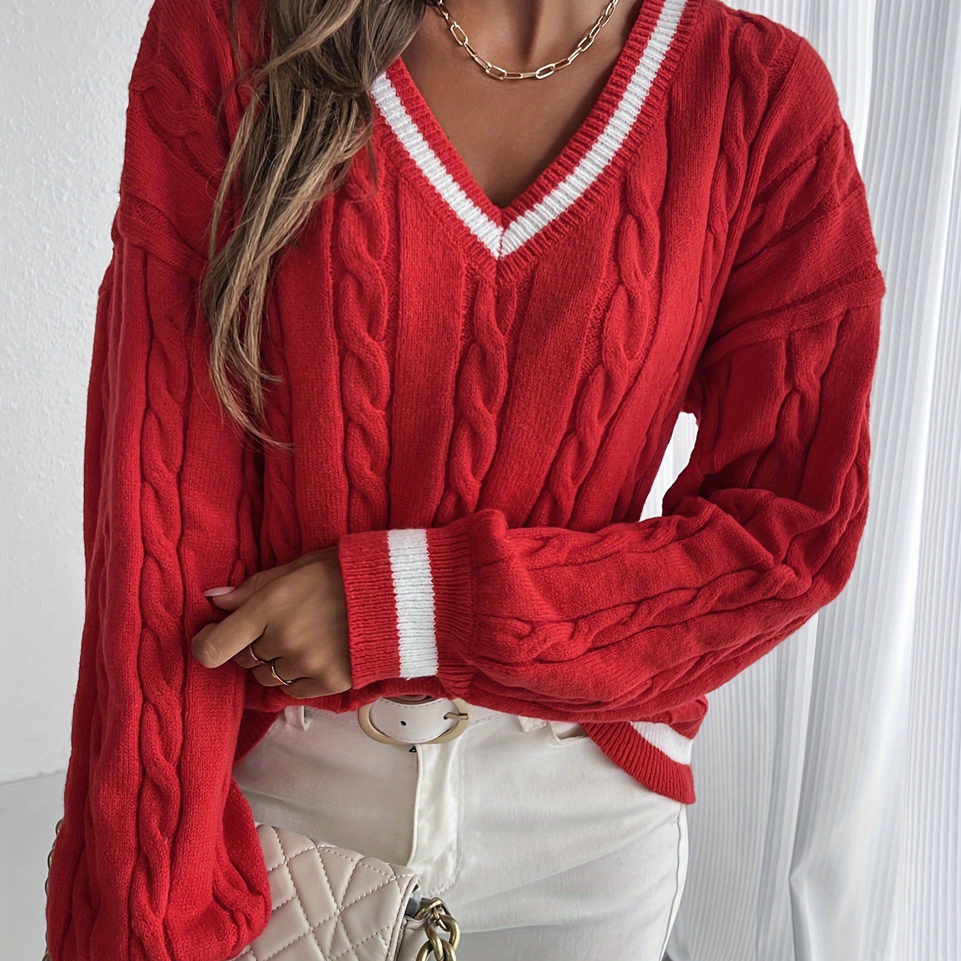 

Cable Knit V Sweater, Long Sweater For Fall & , Women's Clothing