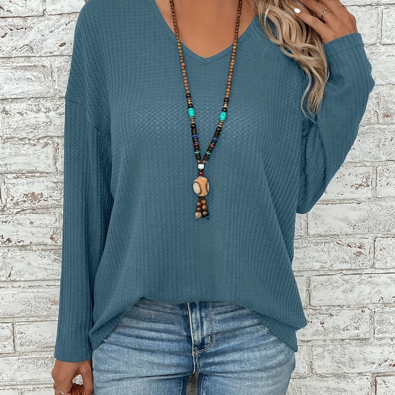 

Women's Teal V-neck Long Sleeve T-shirt - Casual, Loose Fit, Solid Color, Polyester , Machine Washable, All