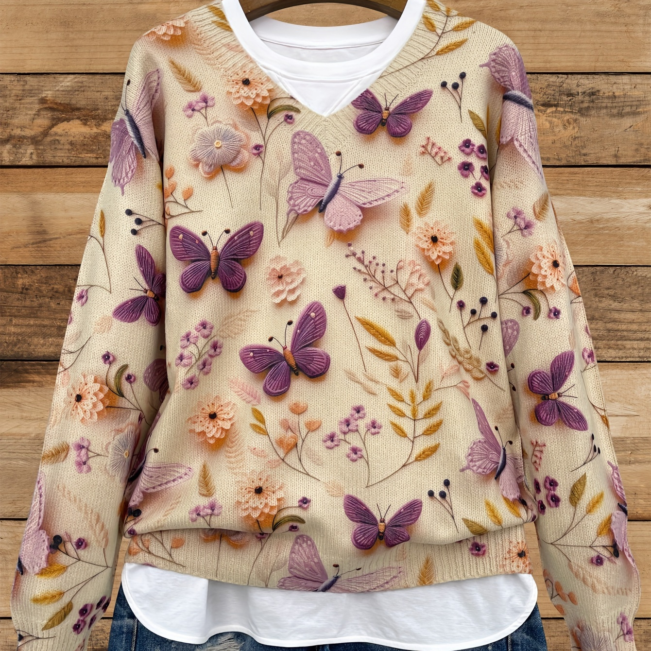 

Pull à Col en V avec Imprimé Papillon Violet - Épais et Décontracté pour Femme, Manches Longues, pour /Hiver