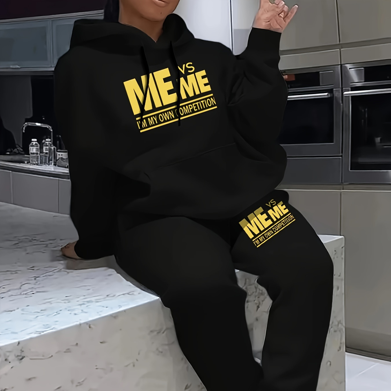 

Plus Size Print Two-piece Set, Long Sleeve Drawstring Hoodie & Pants Outfits, Women's Plus Size clothing