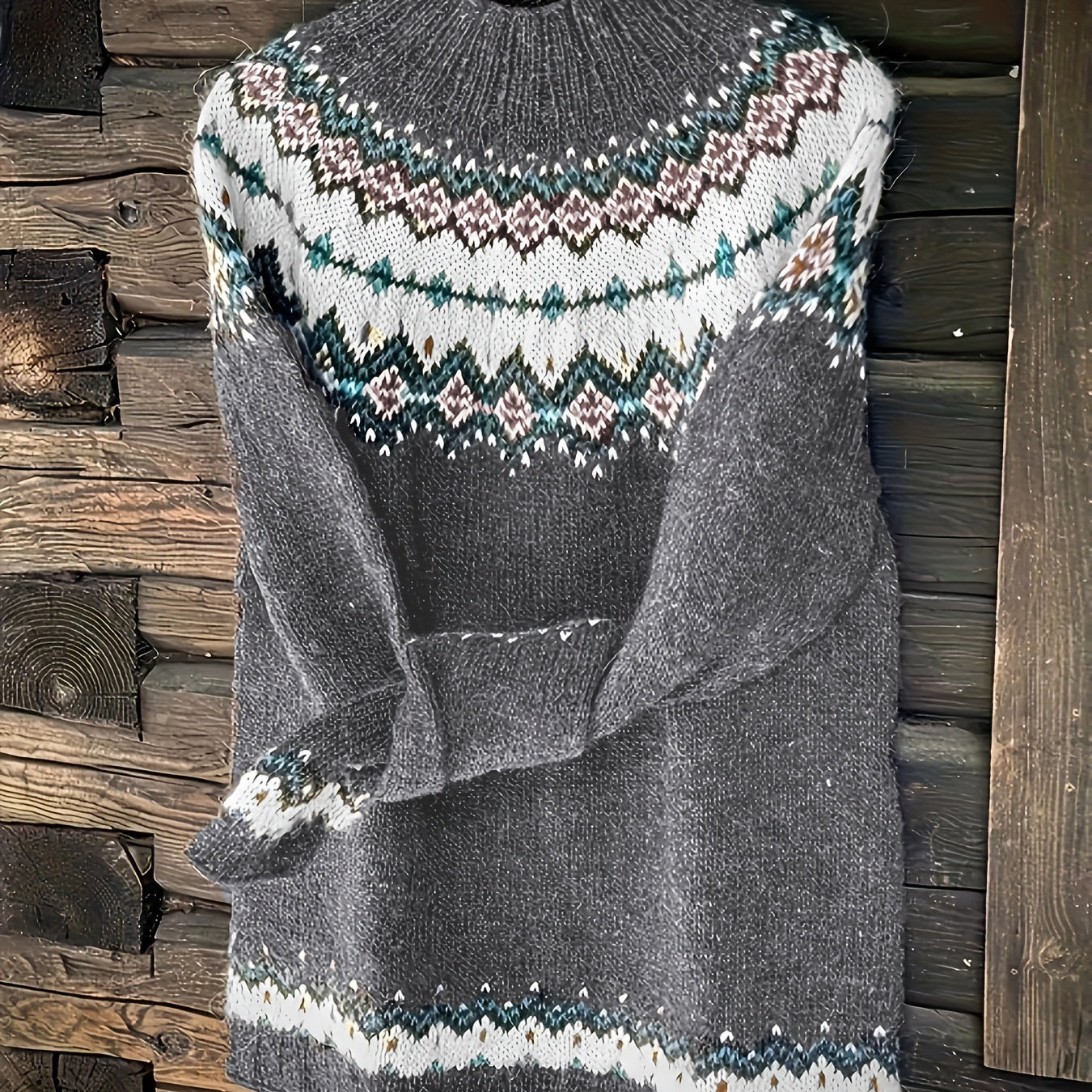 

Vintage Style Women's Icelandic Pattern Knitted Sweater, Casual Long Sleeve Pullover, Geometric And Tribal Design, Comfortable And Warm Acrylic Yarn Sweatshirt For Autumn/winter