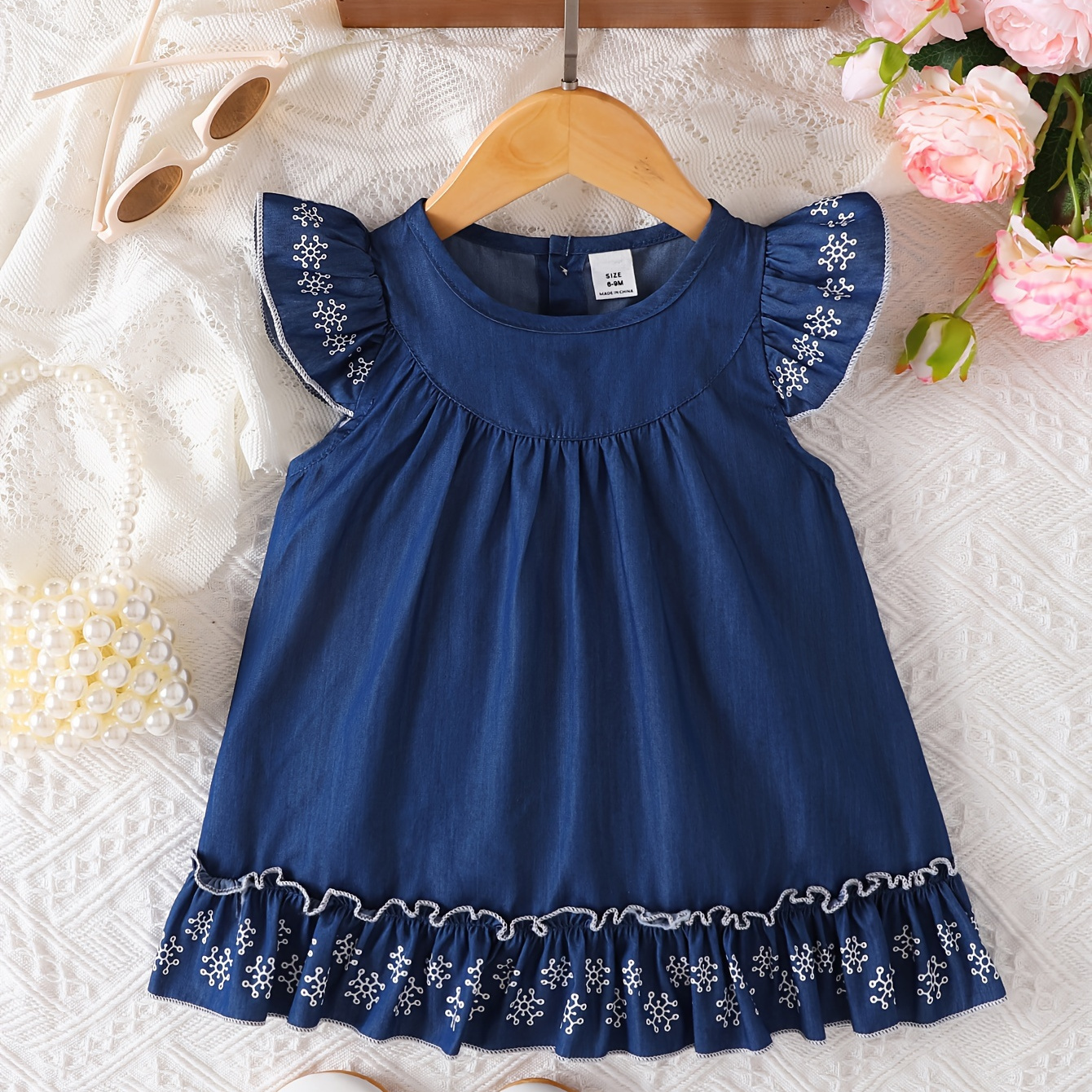 

Baby's Ethnic Style Pattern Ruffle Trim Casual Cap Sleeve Dress, Infant & Toddler Girl's Clothing For Summer/spring, As Gift